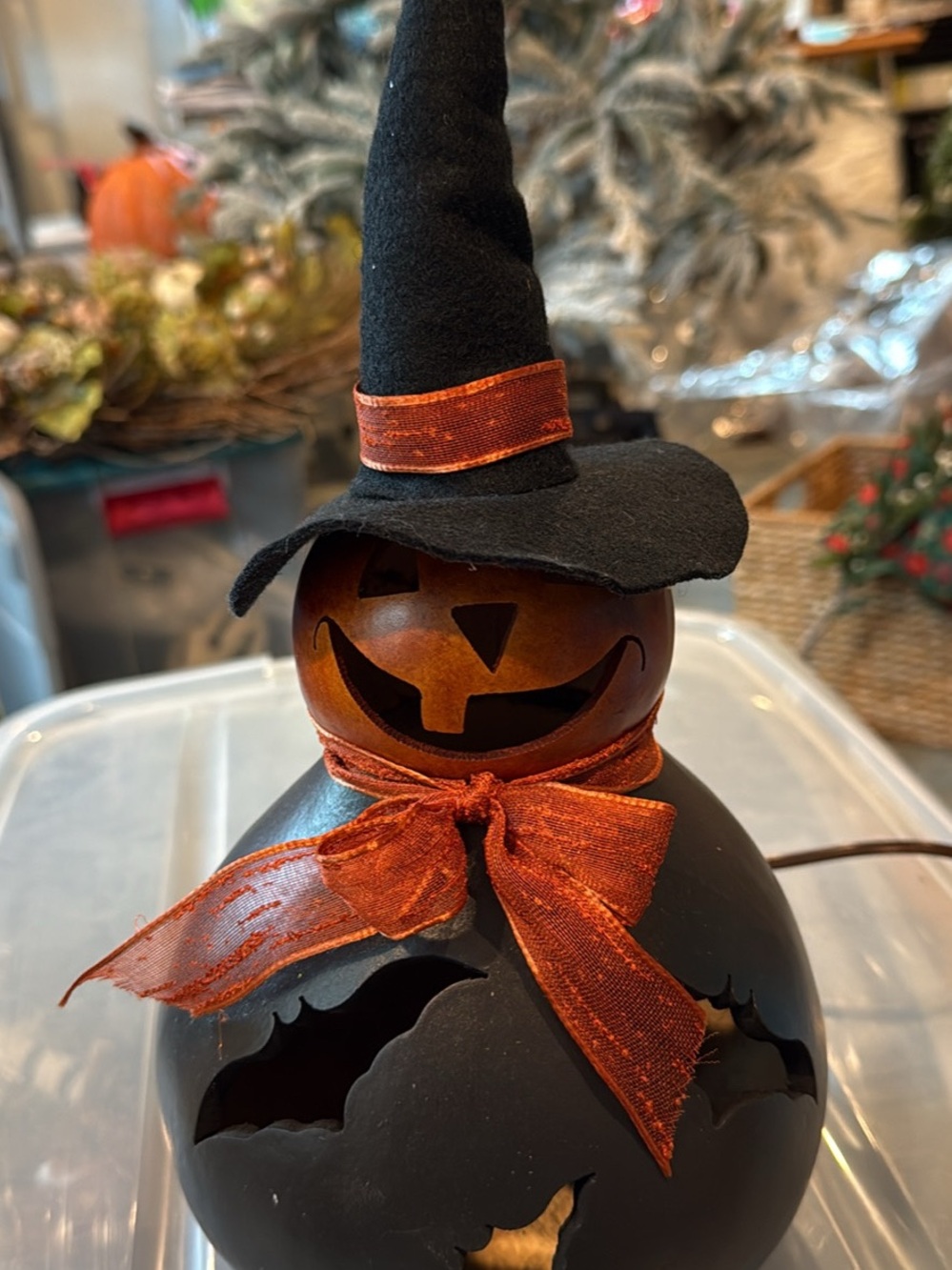 Meadowbrook medium Lit witch with black hat adorned with rust ribbon